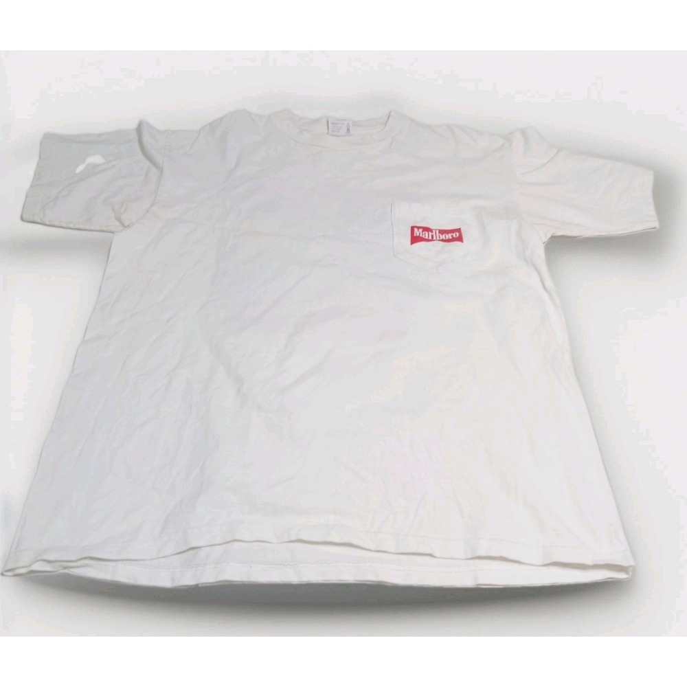 Vintage 90s Mens Marlboro White Graphic Tshirt With Pocket Size XL